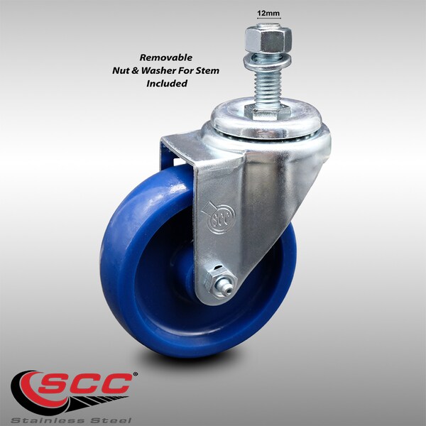 4 Inch SS Solid Polyurethane Wheel Swivel 12mm Threaded Stem Caster SCC